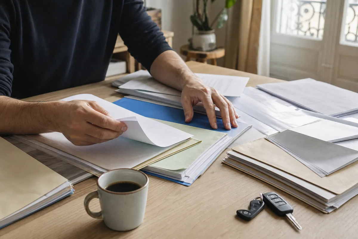 Tri des contrats d&rsquo;assurance auto, habitation et santé sur la table d&rsquo;un premier appartement
