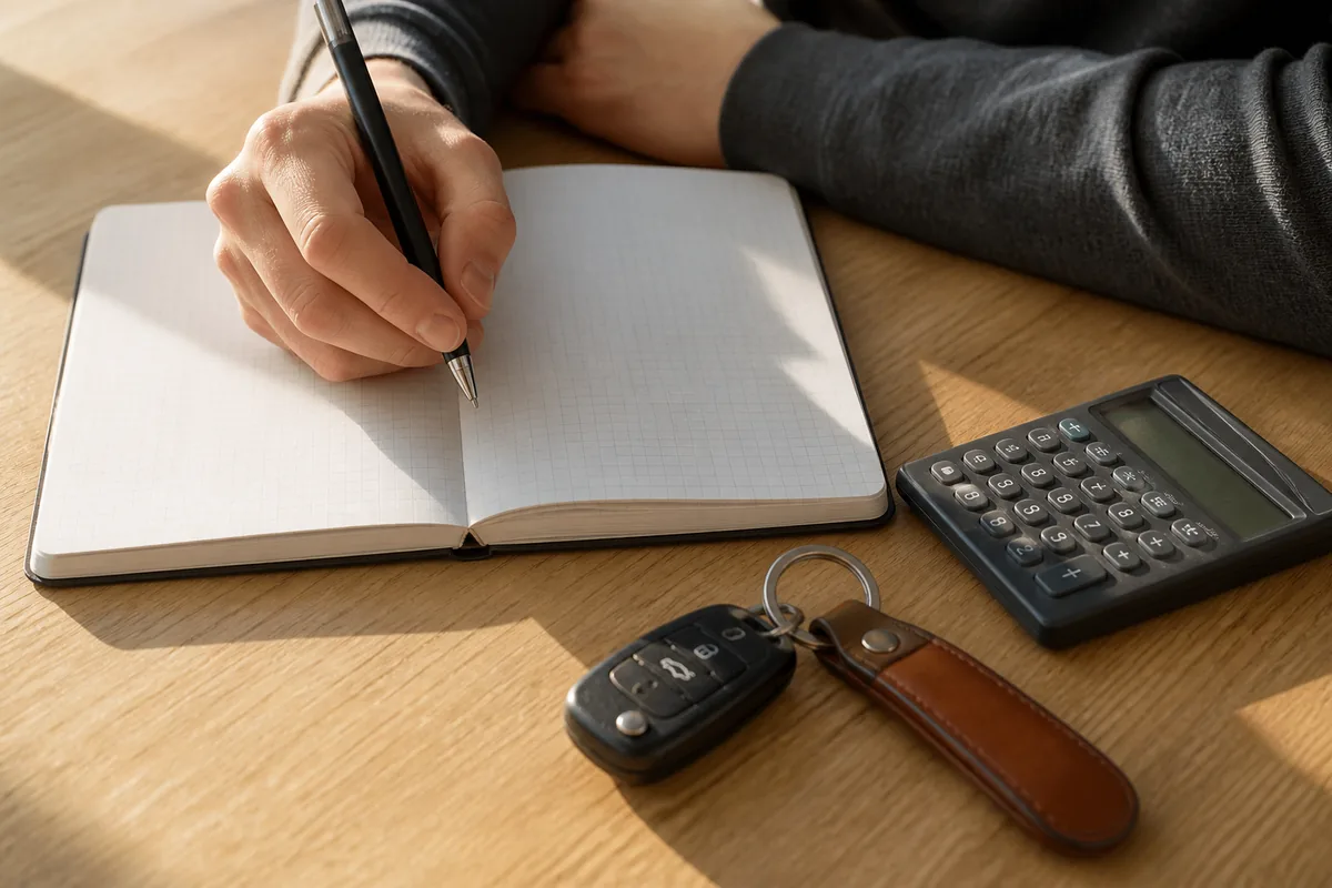 Jeune adulte assis à une table en bois clair avec un carnet et une calculatrice, lumière naturelle du matin
