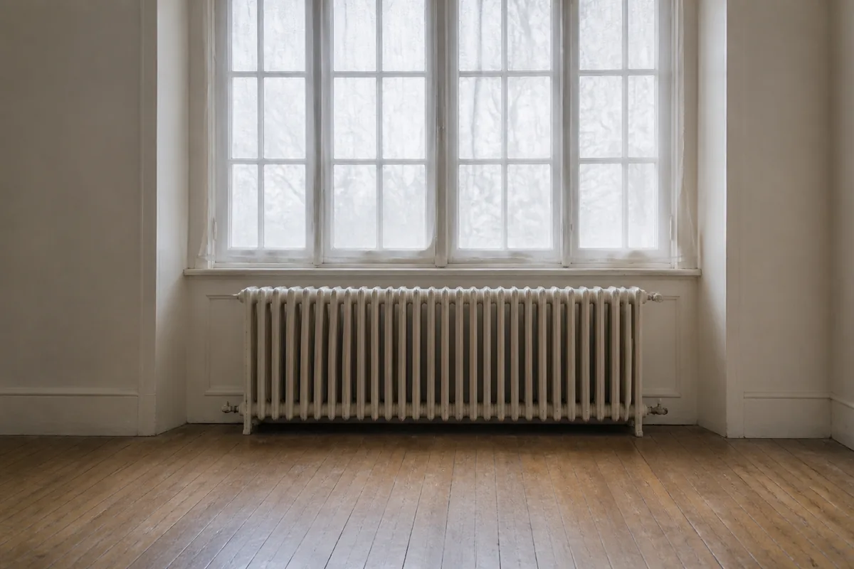 Radiateur ancien en fonte sous une fenêtre d&rsquo;appartement, murs clairs et parquet usé
