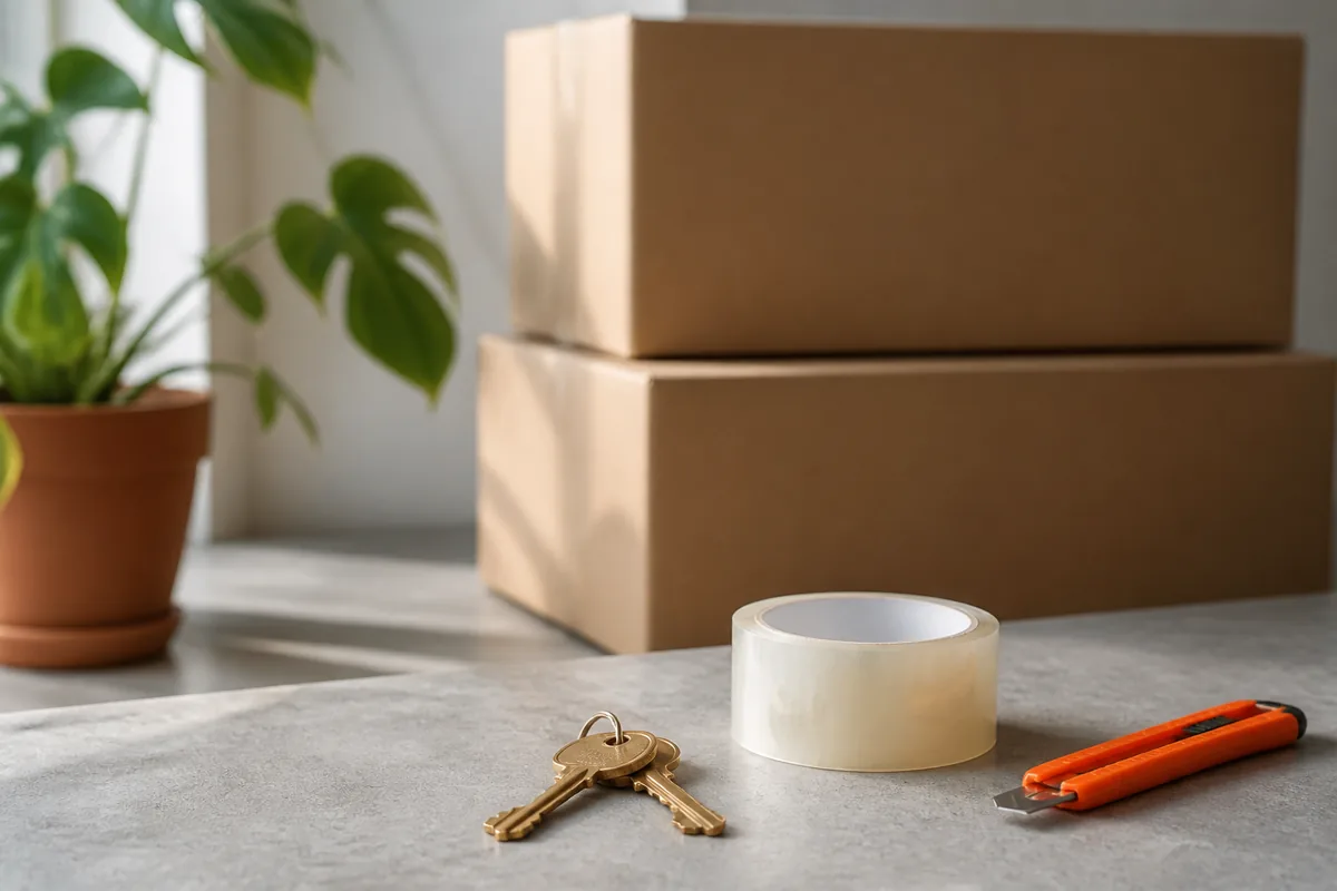 Trousseau de clés posé sur un plan de travail à côté de cartons de déménagement fermés