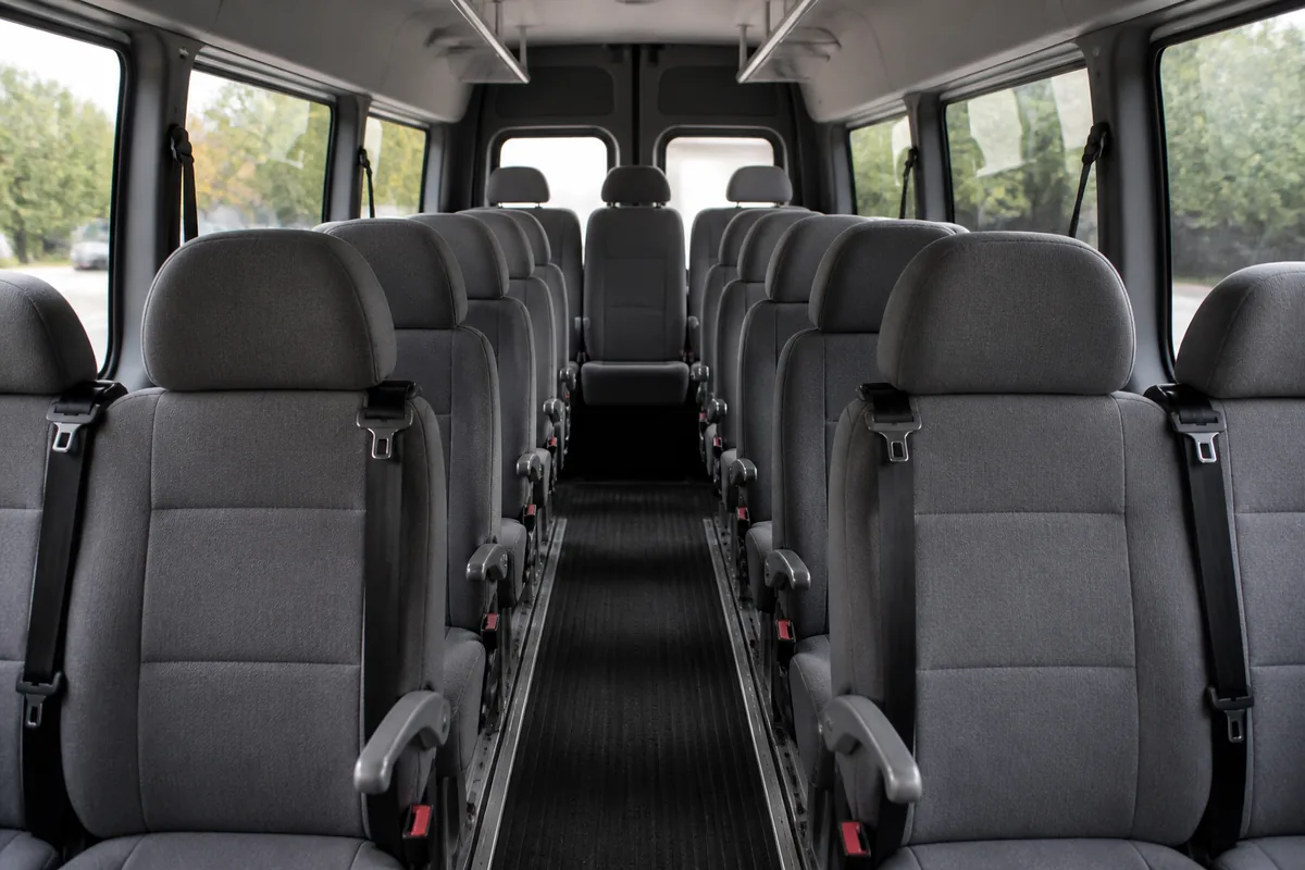 Rangée de sièges d&rsquo;un minibus vus depuis l&rsquo;allée centrale, garnitures grises unies et lumière naturelle par les vitres latérales