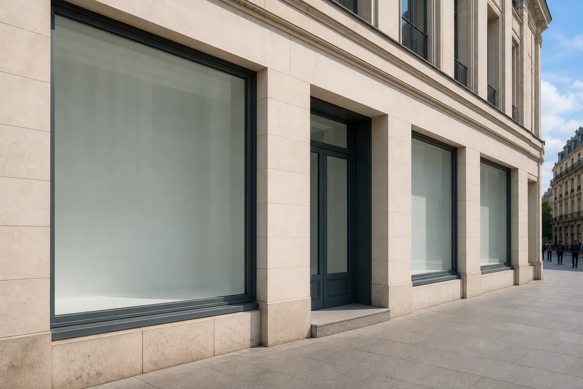 Façade d’un bureau de poste français en centre-ville par temps clair