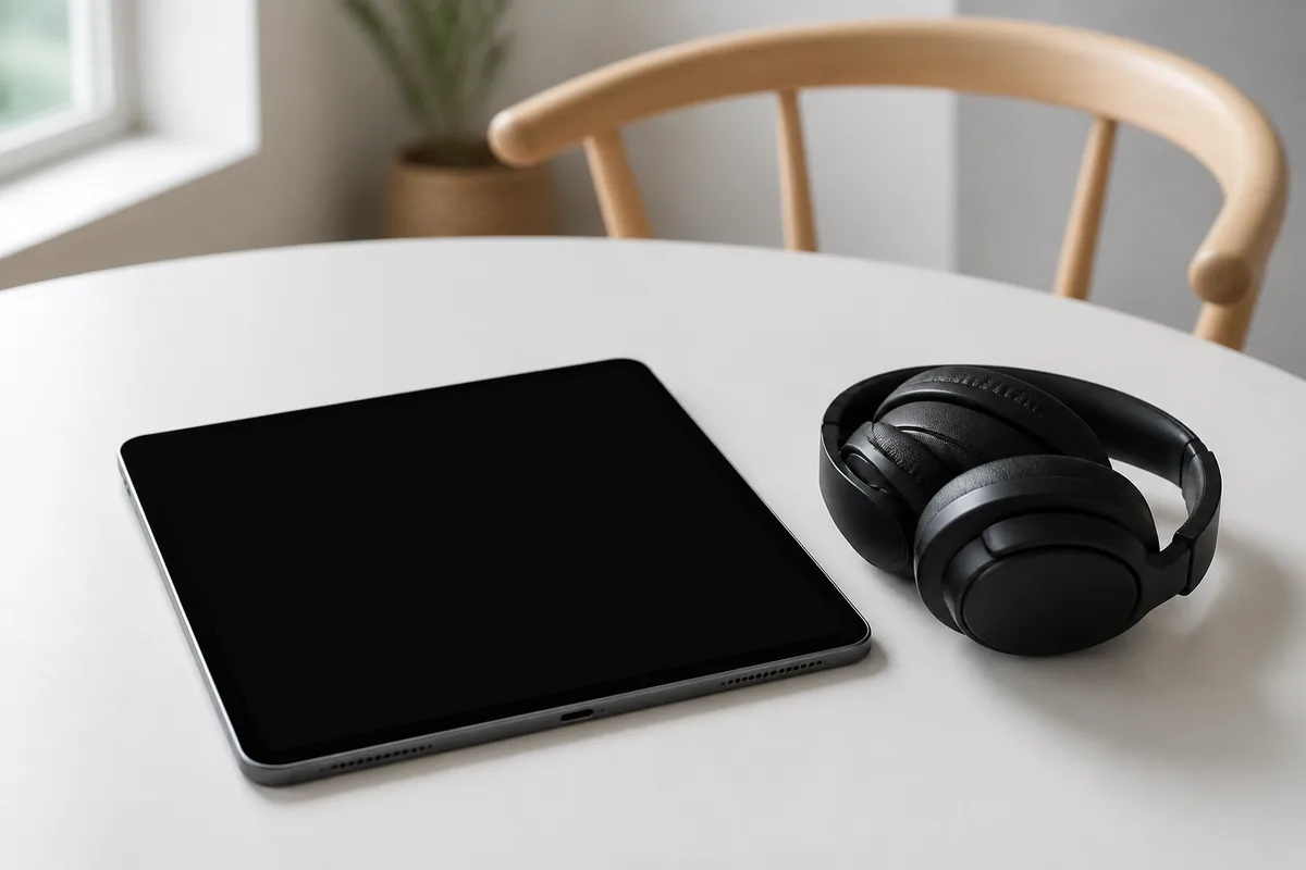 Tablette numérique posée sur une table claire dans une salle d’examen vide