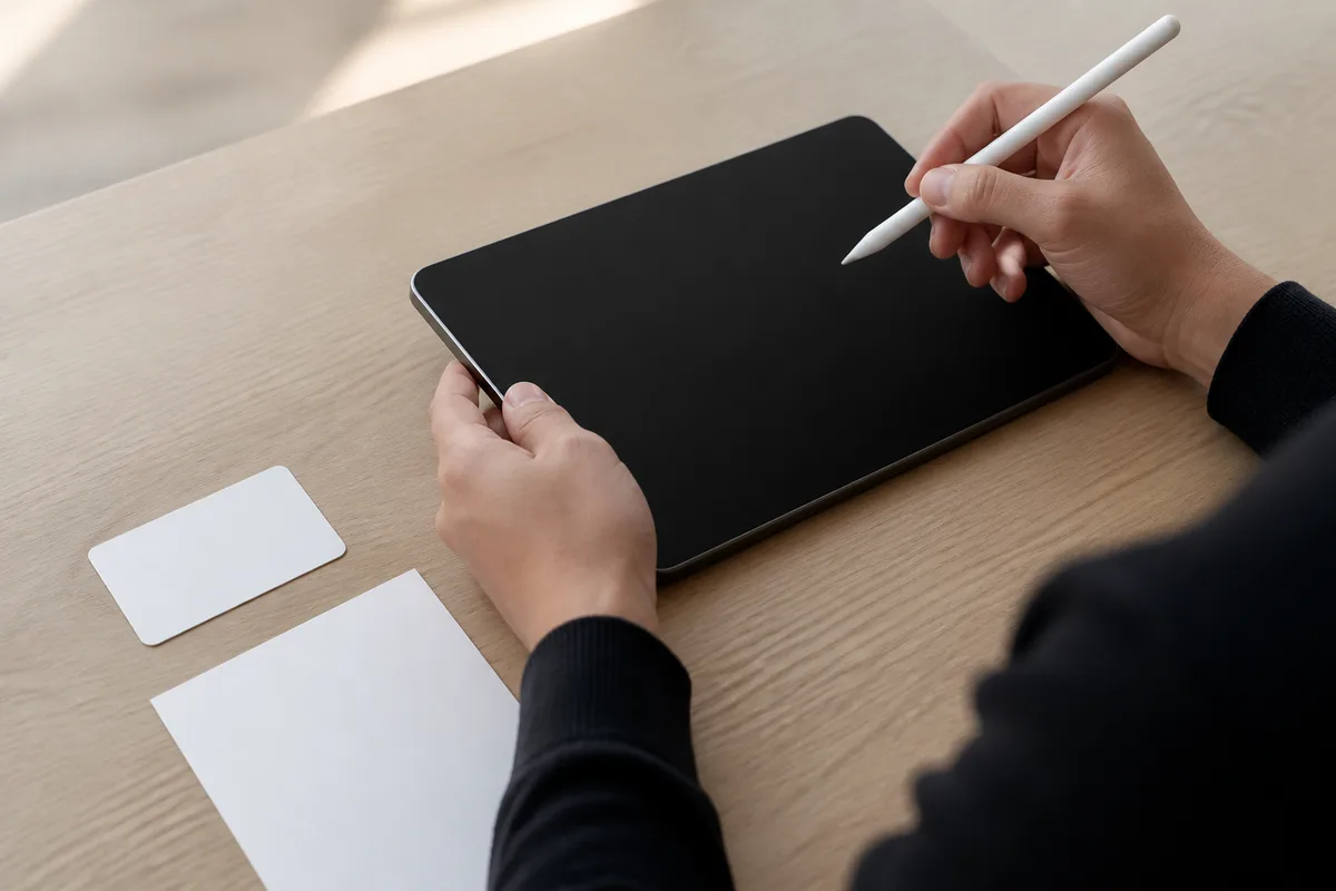 Mains d’un candidat tenant un stylet au-dessus d’une tablette éteinte posée sur une table d’examen