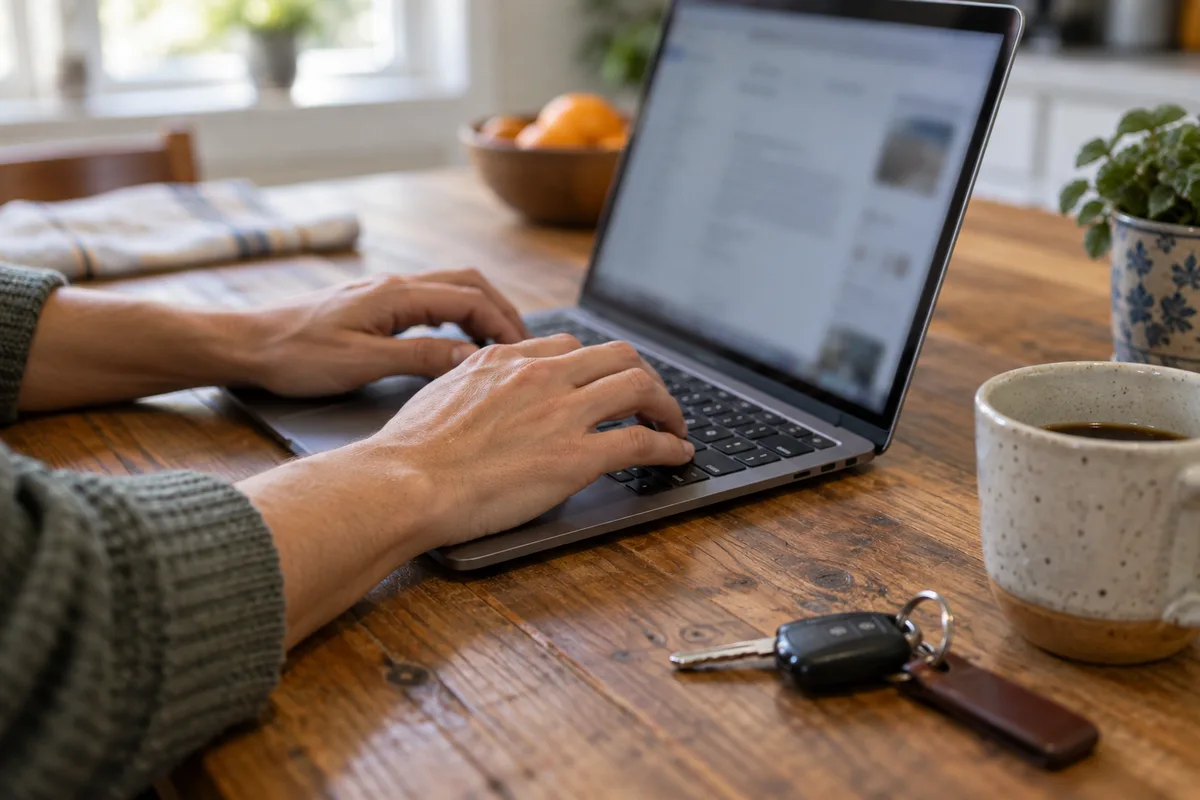 Mains sur un ordinateur portable à côté de clés de voiture
