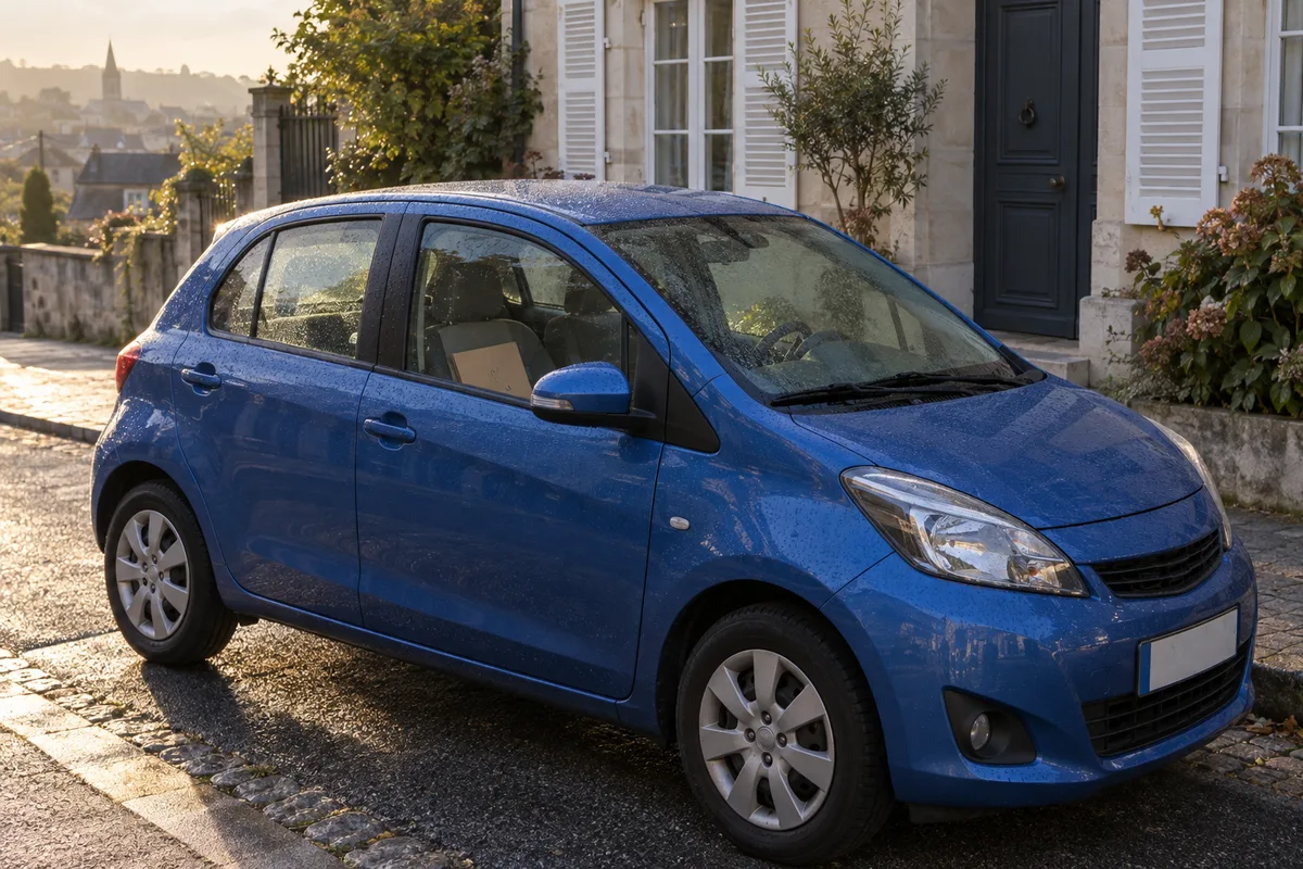 Voiture citadine garée devant une maison au petit matin