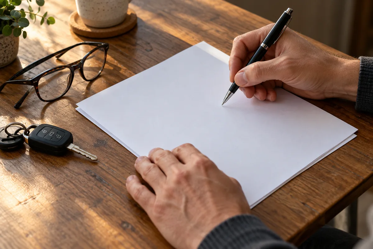 Mains tenant un stylo au-dessus de feuilles blanches sur une table en bois