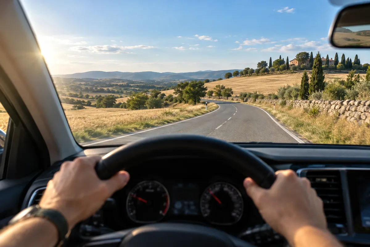 Vue depuis l&rsquo;habitacle d&rsquo;une voiture sur une route de campagne ensoleillée