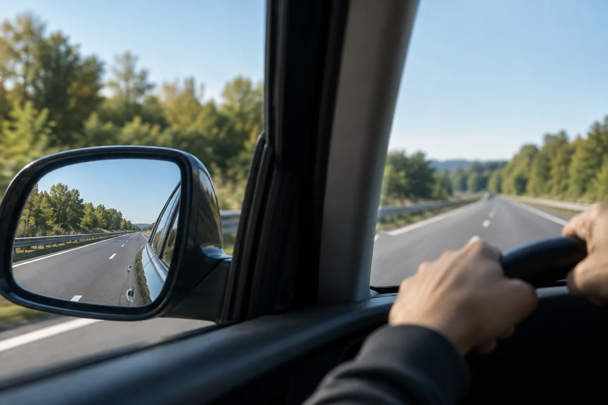 Mains d’un conducteur sur le volant avec le rétroviseur extérieur reflétant une voie libre