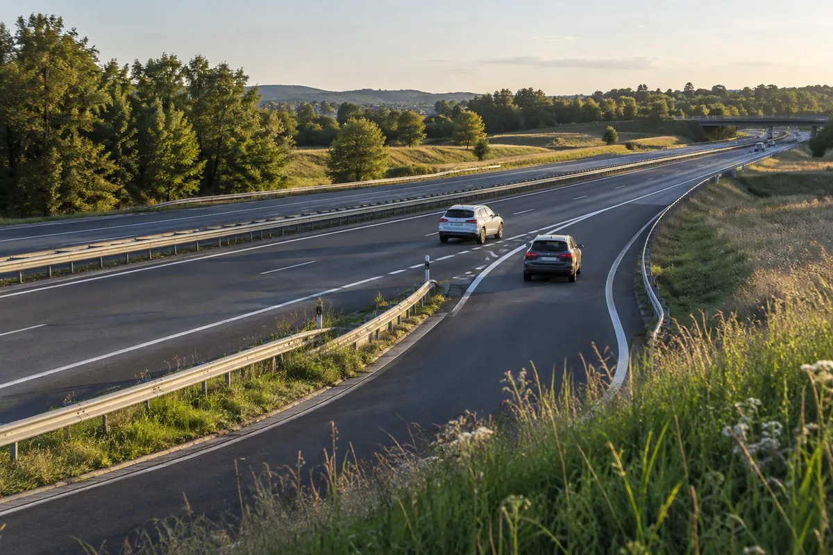 Voie d’accélération d’une entrée d’autoroute vue de trois quarts arrière depuis un talus