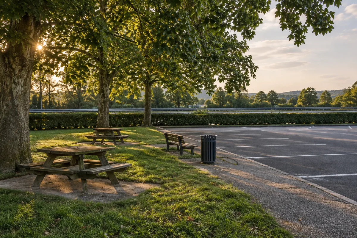 Aire de repos déserte avec des bancs sous les arbres en bord d’autoroute