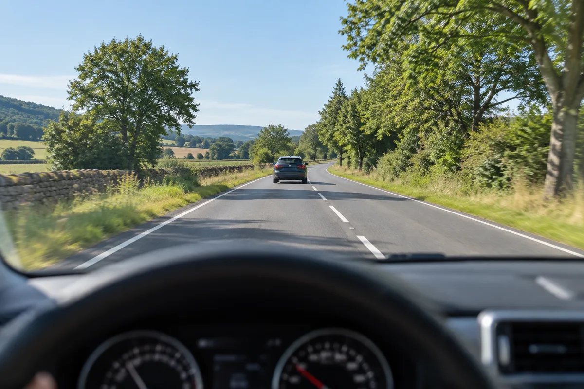 Vue depuis le siège conducteur d&rsquo;une voiture suivant un autre véhicule à bonne distance