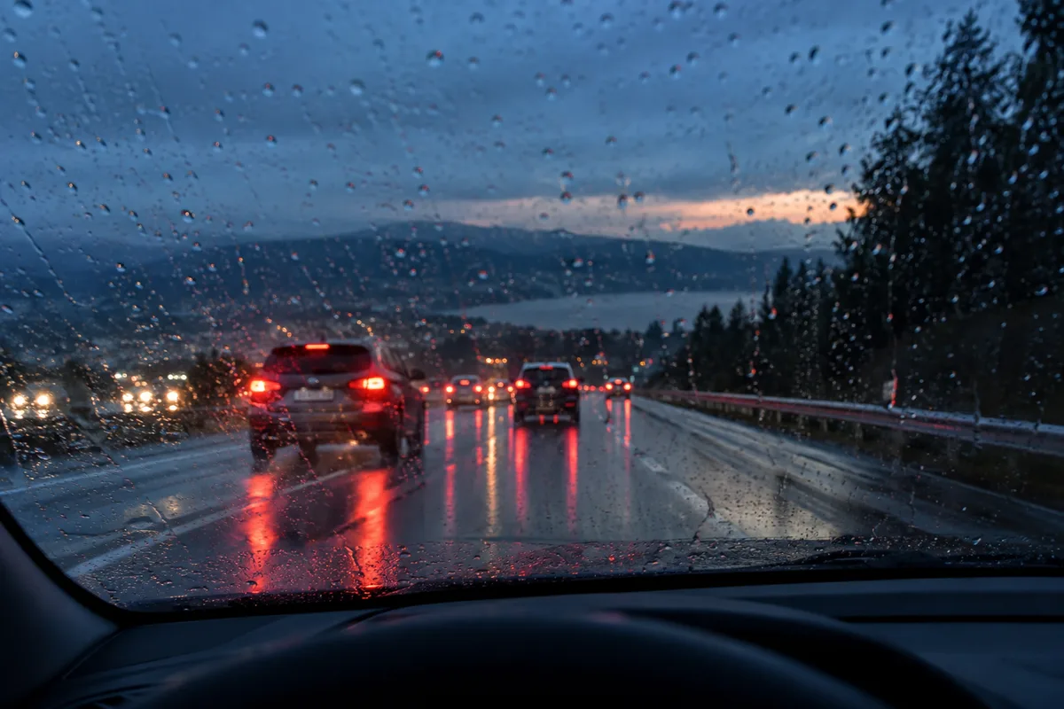Route mouillée sous la pluie avec des feux arrière reflétés sur l&rsquo;asphalte au crépuscule
