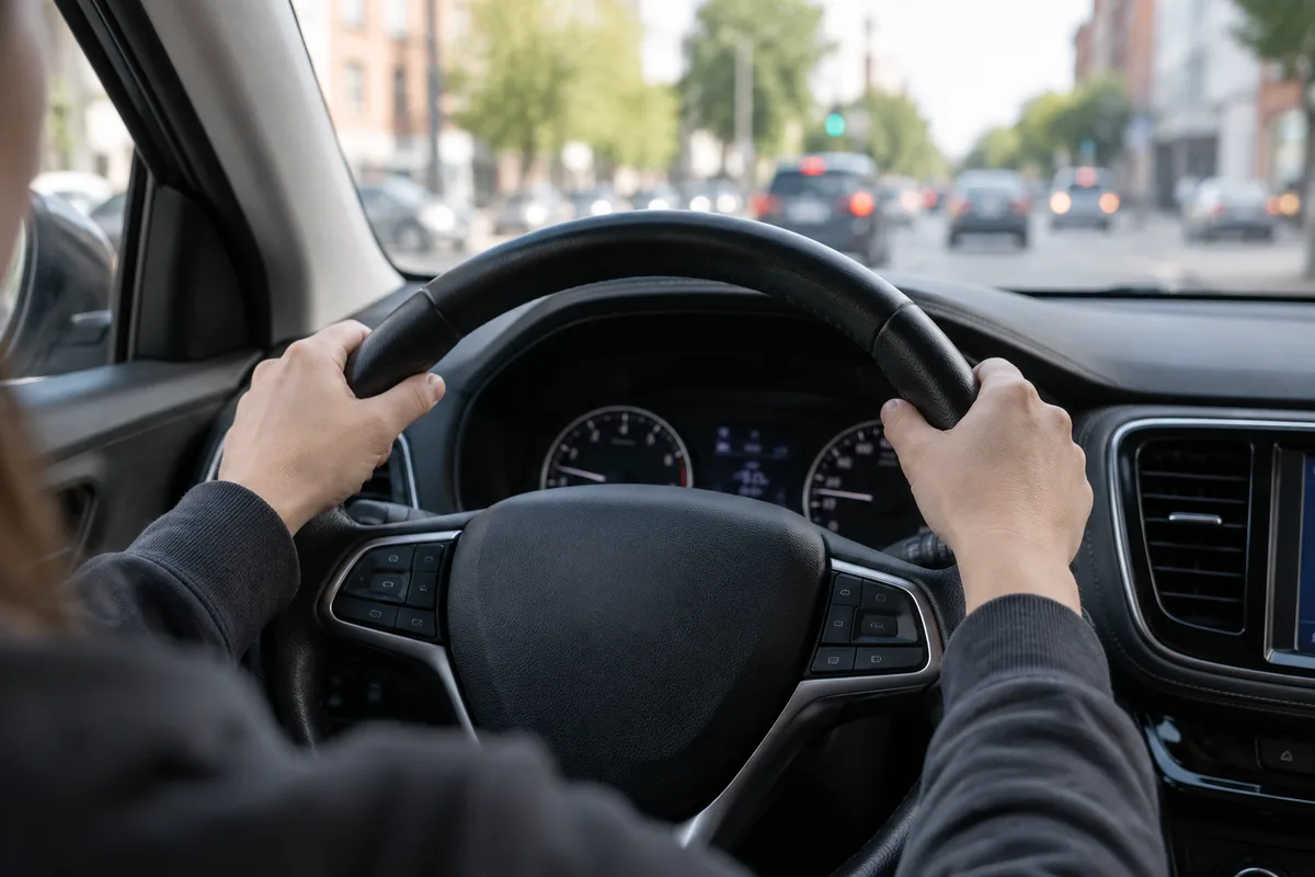 Mains d&rsquo;un élève sur le volant d&rsquo;une voiture d&rsquo;auto-école