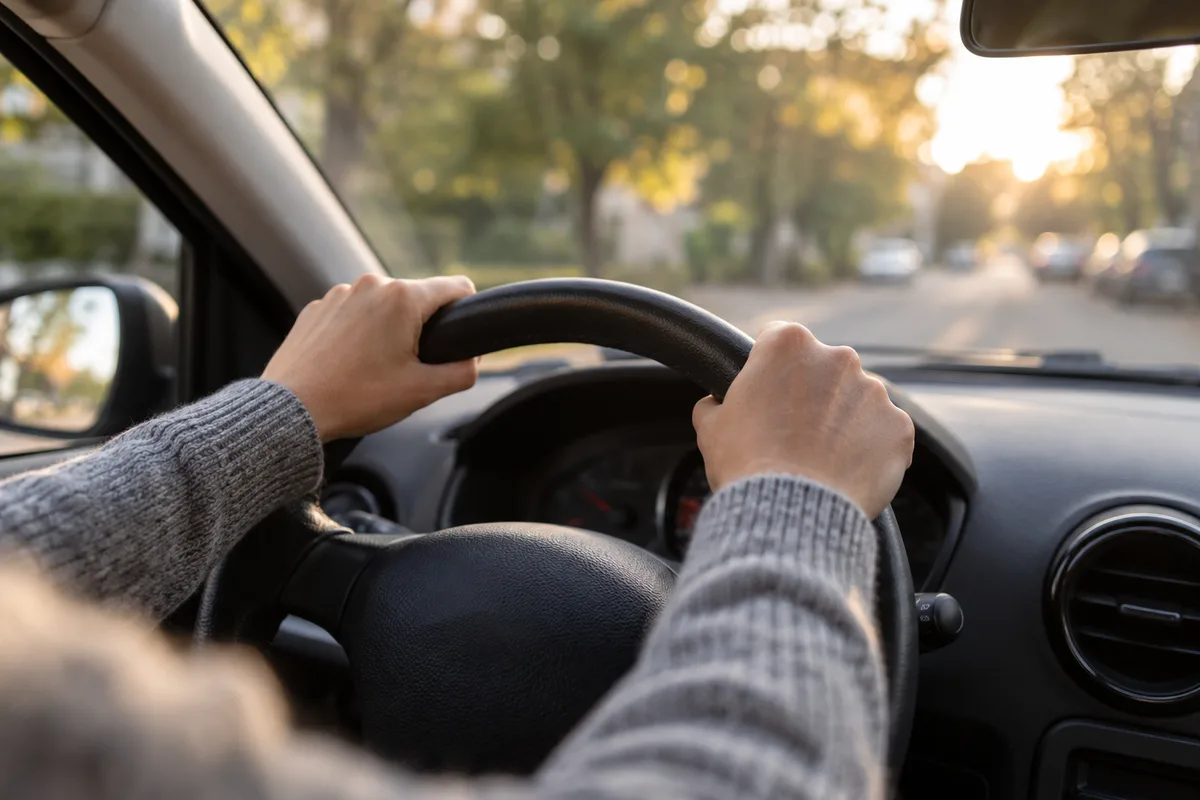 Mains qui braquent un volant en cuir pendant un créneau, vue depuis le siège passager