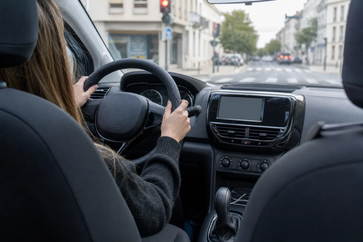 Mains d&rsquo;un élève sur le volant d&rsquo;une voiture auto-école pendant une leçon de conduite en ville