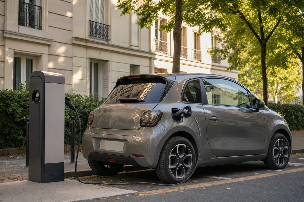Voiture électrique en charge sur une borne dans une rue résidentielle française