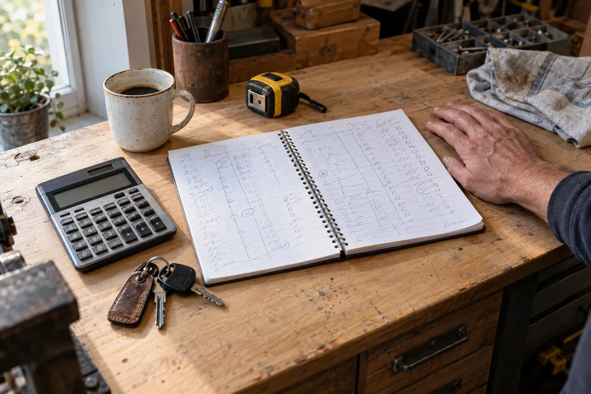Bureau d&rsquo;artisan avec un carnet de chiffres, une calculatrice et un jeu de clés de camion posé sur le plan de travail