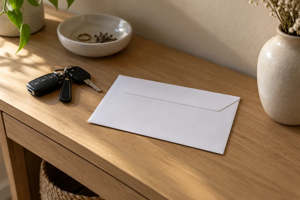 Enveloppe blanche fermée sans adresse posée sur une console d&rsquo;entrée en bois clair, à côté d&rsquo;un trousseau de clés
