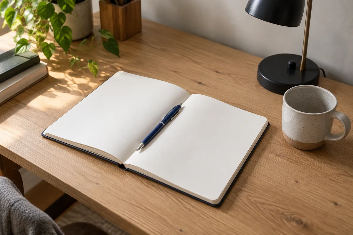 Cahier à pages blanches ouvert et stylo posés sur un bureau en bois clair, près d&rsquo;une tasse vide et d&rsquo;une lampe éteinte