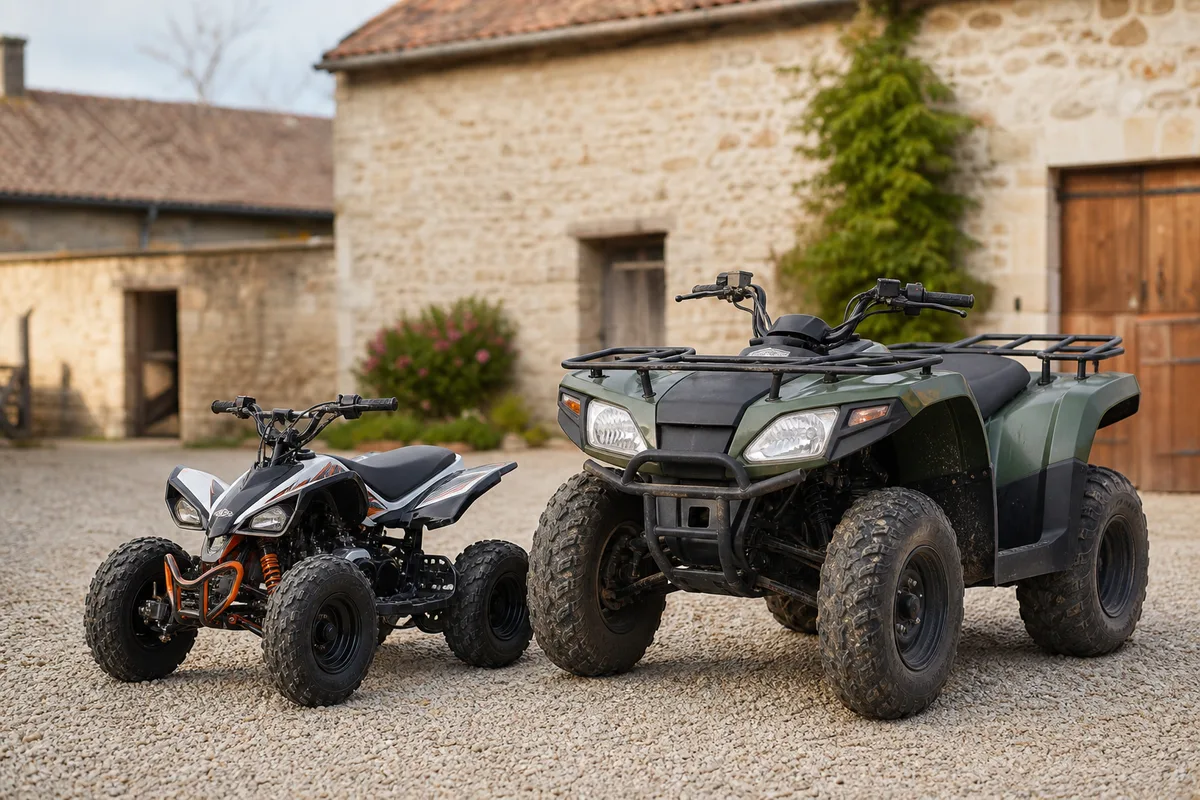 Deux quads homologués de gabarits différents stationnés côte à côte dans une cour de ferme