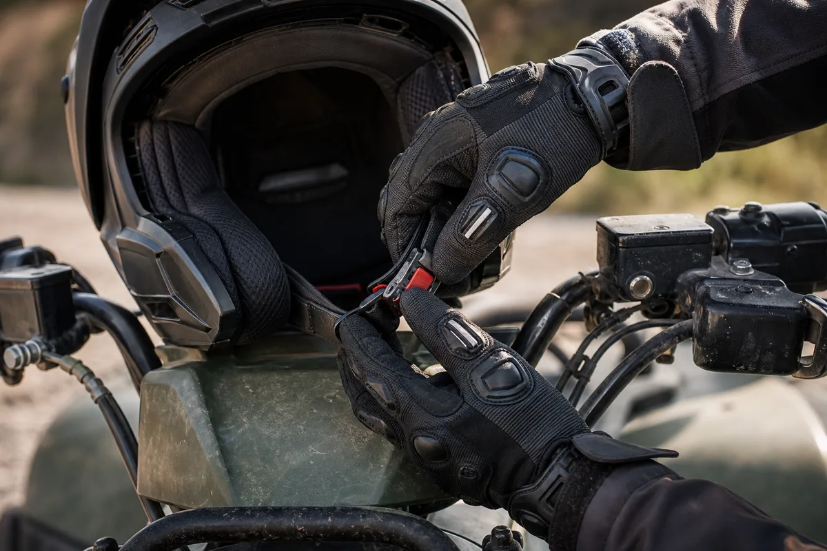 Mains gantées ajustant la jugulaire d&rsquo;un casque près du guidon d&rsquo;un quad