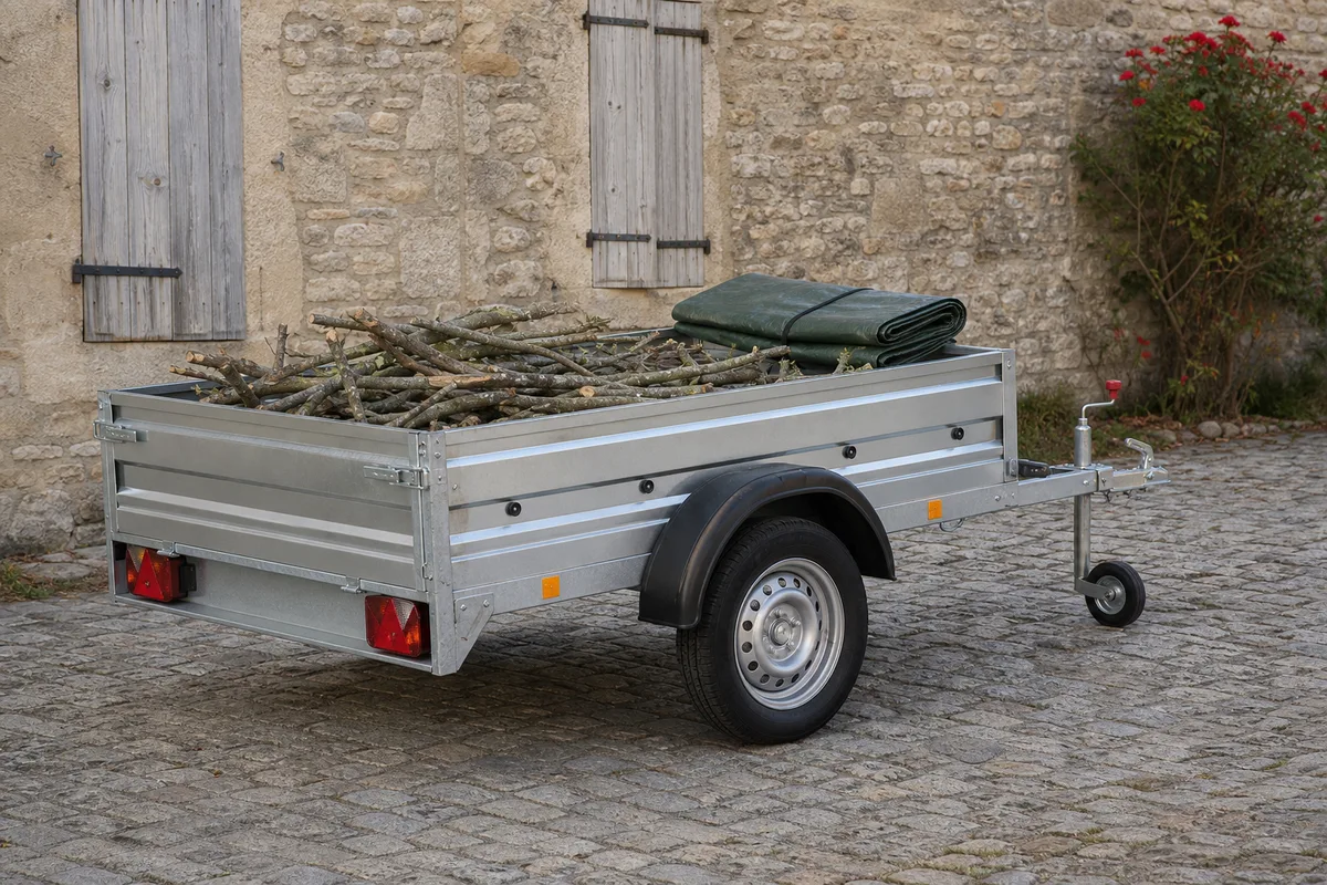 Mains raccordant la tête d’attelage d’une remorque sur la boule de traction d’une voiture familiale, allée de gravier devant une maison française