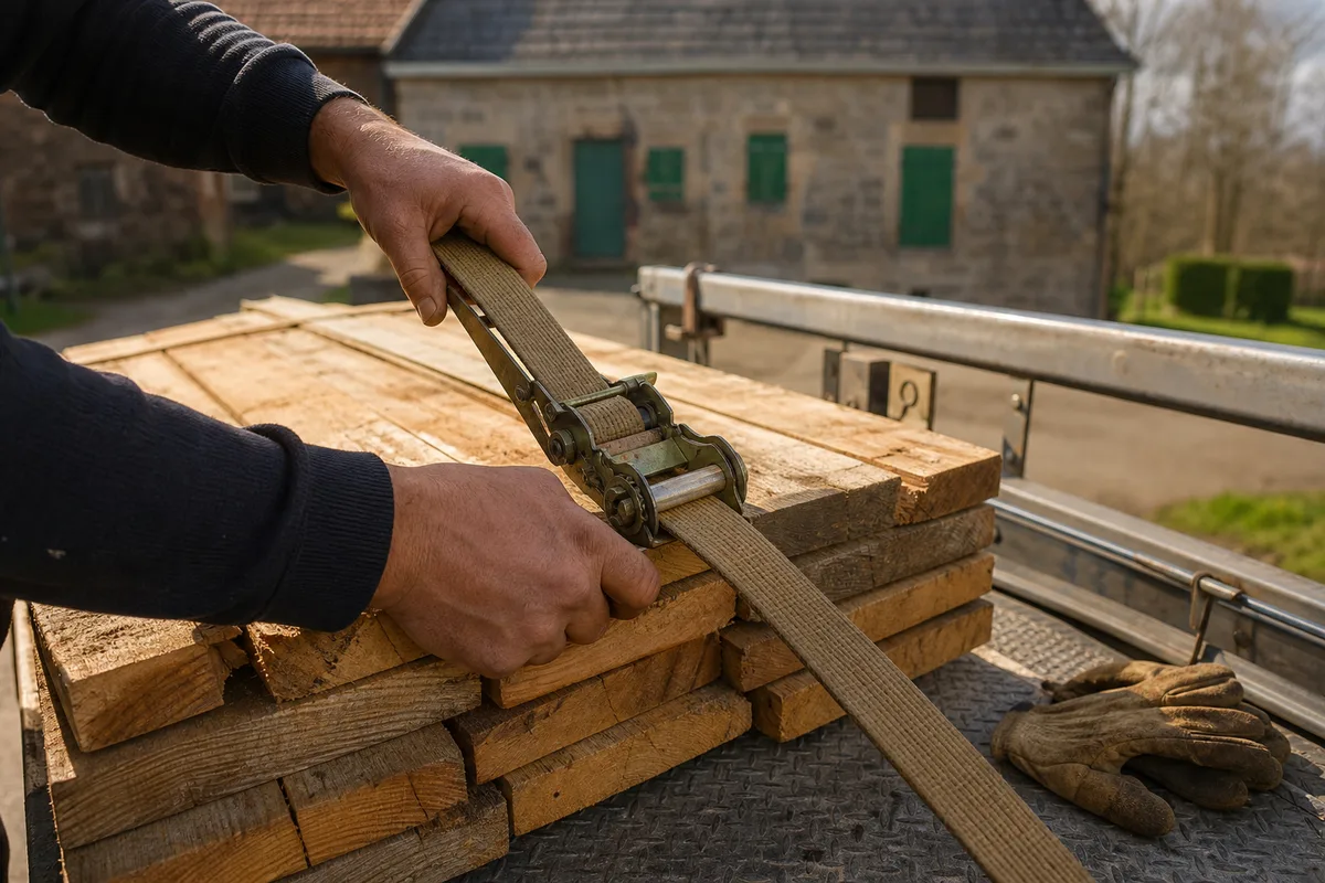 Remorque bâchée attelée à un break stationné le long d’un mur de pierre dans une cour de village française, vue de trois quarts arrière