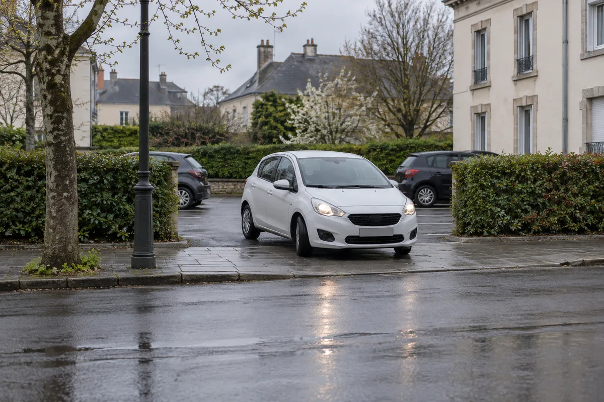 Voiture débouchant lentement d&rsquo;une sortie de parking sur une rue calme