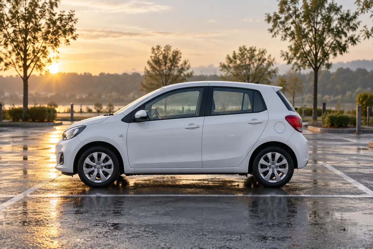 Voiture école blanche garée de profil sur un parking vide au petit matin