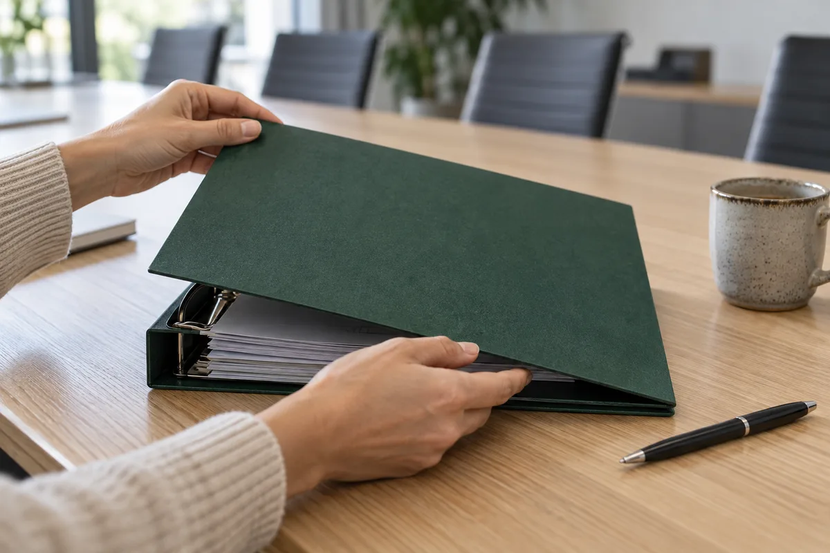 Mains qui ouvrent un classeur à couverture unie sur une table de réunion
