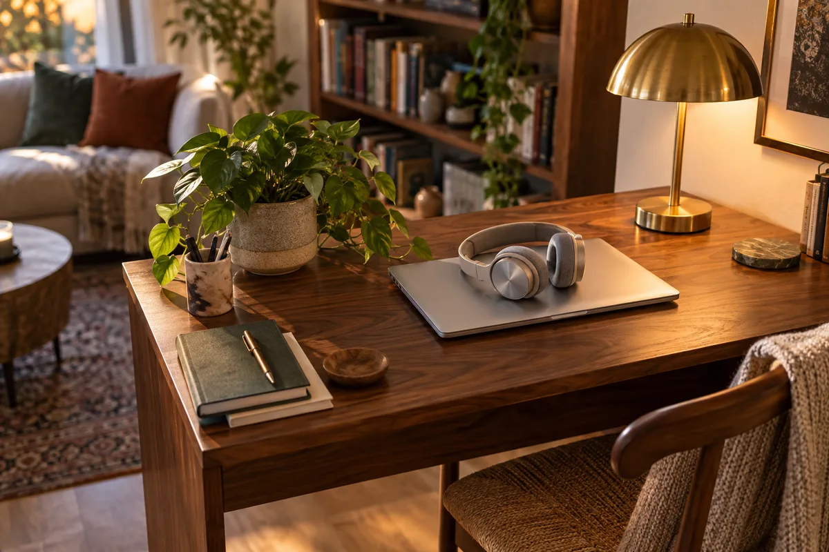 Ordinateur portable fermé et casque audio posés sur un bureau à la maison