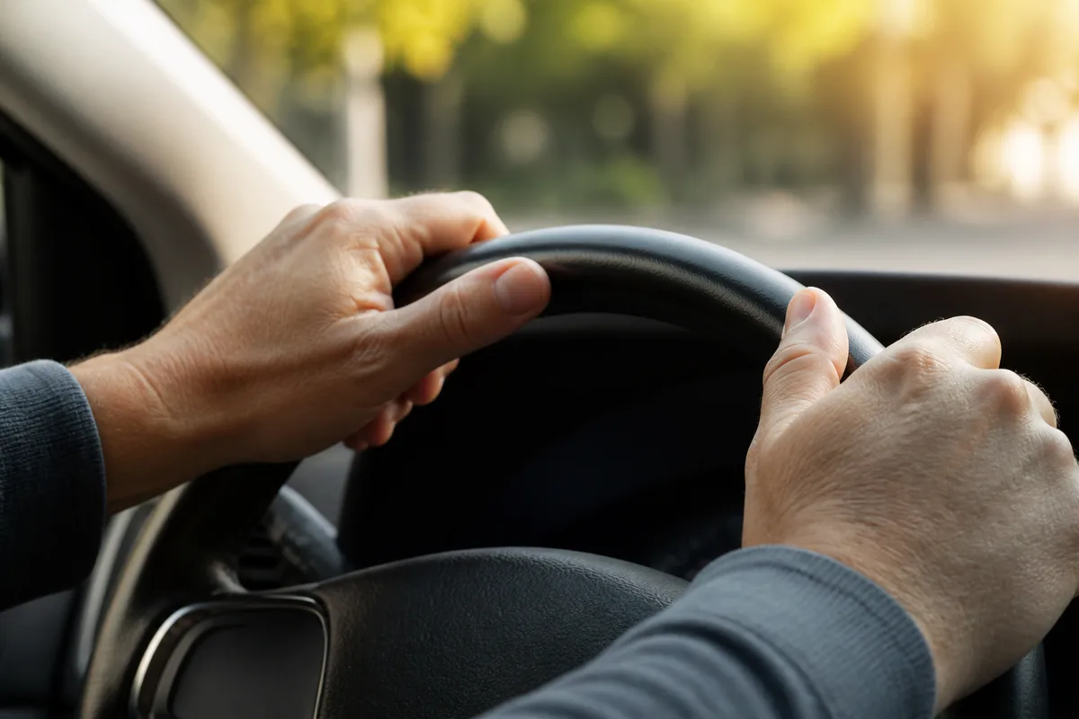 Mains d’un élève posées sur un volant pendant une leçon de conduite