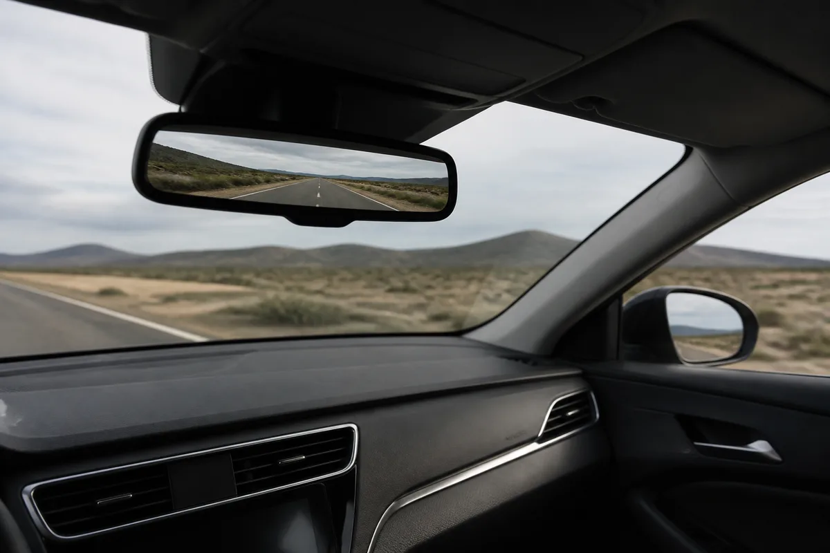 Rétroviseur intérieur et tableau de bord d’une voiture-école vus depuis le siège passager