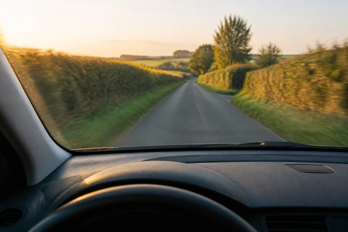 Volant et route de campagne floutée vue à travers un pare-brise en fin de journée